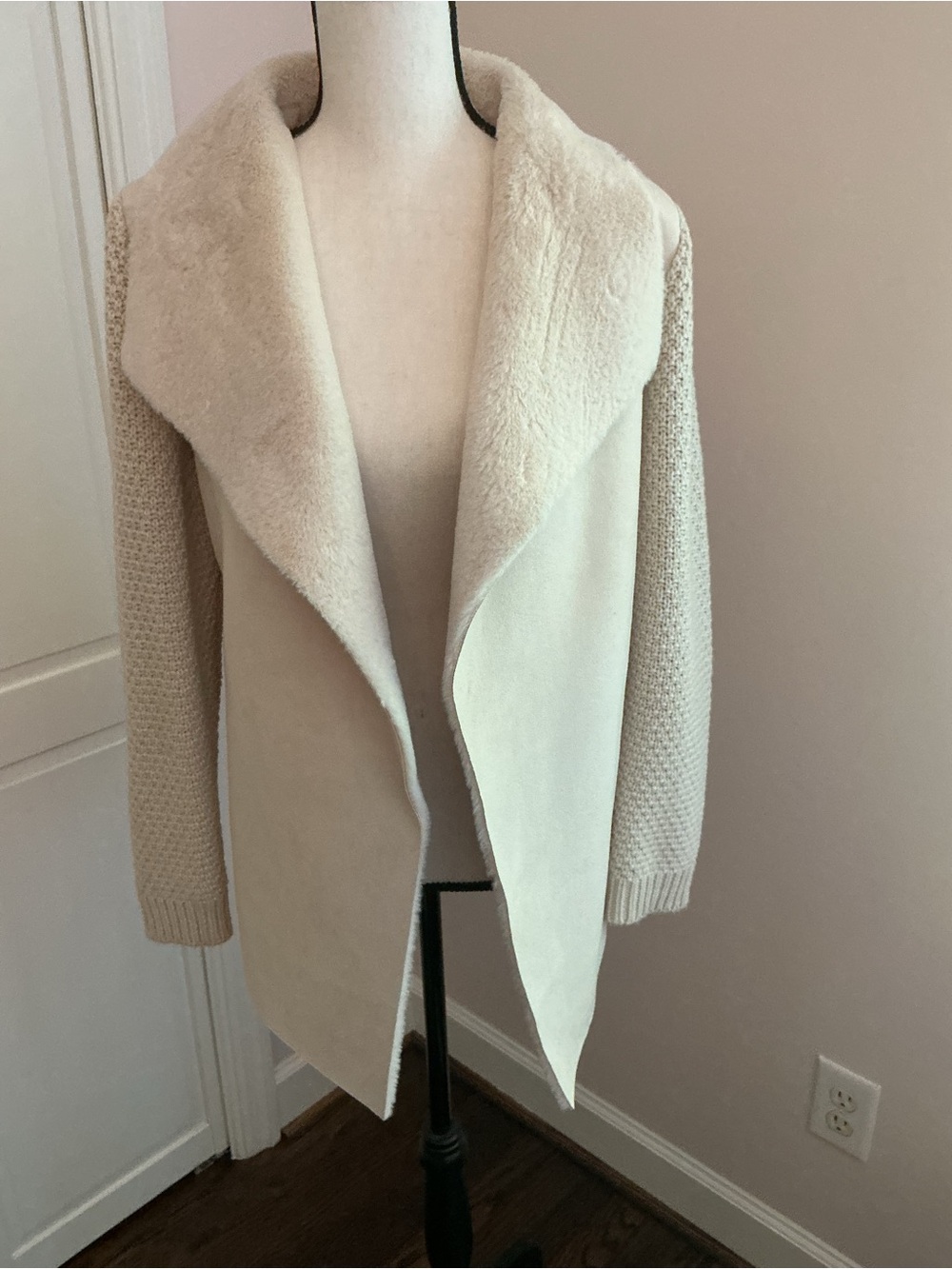 Cream Faux Shearling Knit-Sleeve Coatigan
